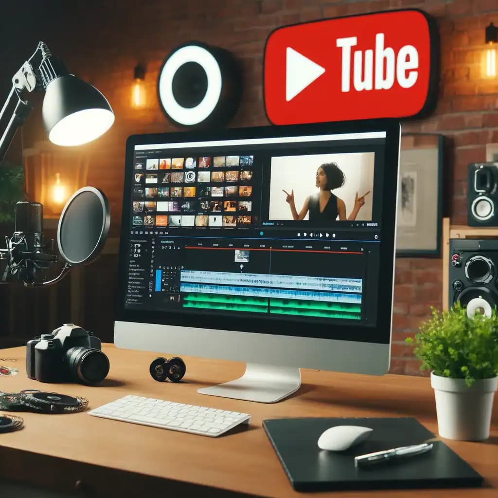 A YouTube content creator’s workspace featuring a computer screen displaying video editing software with copyright-free music and video clips being ad